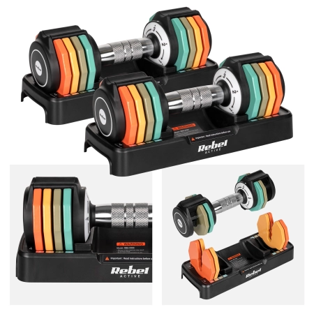 Hantle żeliwne regulowane automatycznie, zestaw 2x5 kg, skok co 1kg, REBEL ACTIVE