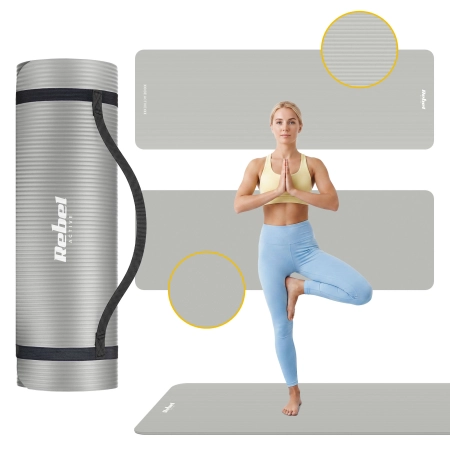 Mata gimnastyczna do ćwiczeń joga, pilates, fitness, 183x61cm, grubość 1cm, materiał NBR, szara, REBEL ACTIVE