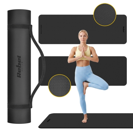 Mata gimnastyczna do ćwiczeń joga, pilates, fitness, 183x61cm, grubość 1cm, materiał TPE, czarna, REBEL ACTIVE