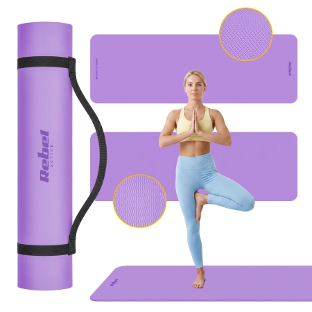 Mata gimnastyczna do ćwiczeń joga, pilates, fitness, 183x61cm, grubość 1cm, materiał TPE, fioletowa, REBEL ACTIVE