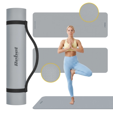 Mata gimnastyczna do ćwiczeń joga, pilates, fitness, 183x61cm, grubość 1cm, materiał TPE, szara, REBEL ACTIVE