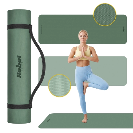 Mata gimnastyczna do ćwiczeń joga, pilates, fitness, 183x61cm, grubość 1cm, materiał TPE, zielona, REBEL ACTIVE