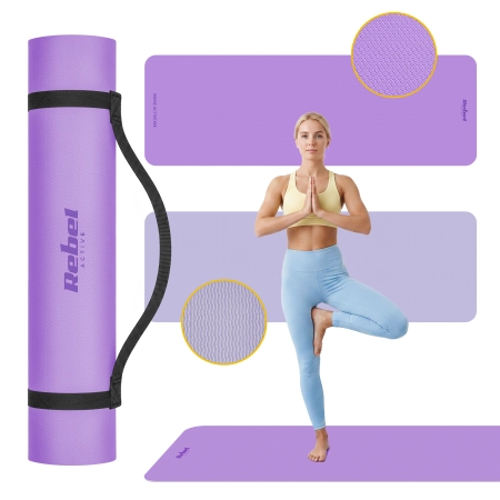 Mata gimnastyczna do ćwiczeń joga, pilates, fitness, 183x61cm, grubość 4mm, materiał TPE, fioletowa, REBEL ACTIVE