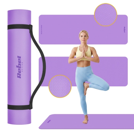 Mata gimnastyczna do ćwiczeń joga, pilates, fitness, 183x61cm, grubość 4mm, materiał TPE, fioletowa, REBEL ACTIVE