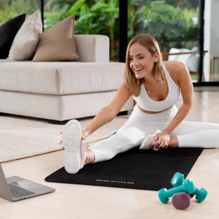 Mata gimnastyczna do ćwiczeń joga, pilates, fitness, 183x61cm, grubość 6mm, materiał TPE, czarna, REBEL ACTIVE