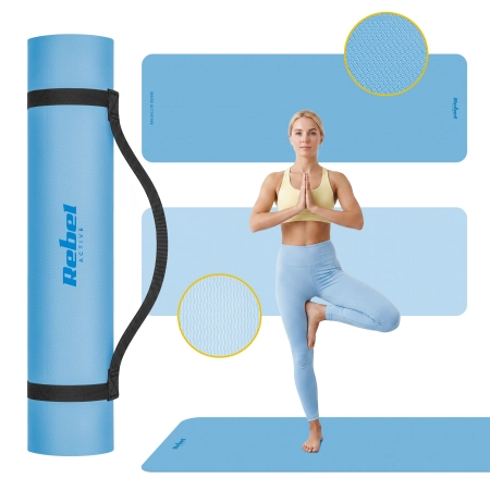 Mata gimnastyczna do ćwiczeń joga, pilates, fitness, 183x61cm, grubość 6mm, materiał TPE, niebieska, REBEL ACTIVE