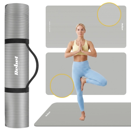 Mata gimnastyczna do ćwiczeń joga, pilates, fitness, 190x100cm, grubość 1.5cm, materiał NBR, szara, REBEL ACTIVE