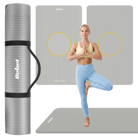 Mata gimnastyczna do ćwiczeń joga, pilates, fitness, 190x115cm, grubość 2cm, materiał NBR, szara, REBEL ACTIVE