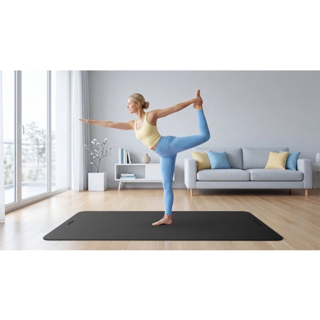 Mata gimnastyczna do ćwiczeń joga, pilates, fitness, 200x115cm, grubość 1cm, materiał TPE, czarna, REBEL ACTIVE
