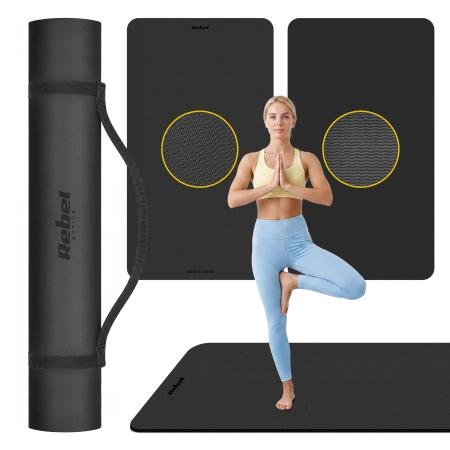 Mata gimnastyczna do ćwiczeń joga, pilates, fitness, 200x115cm, grubość 1cm, materiał TPE, czarna, REBEL ACTIVE