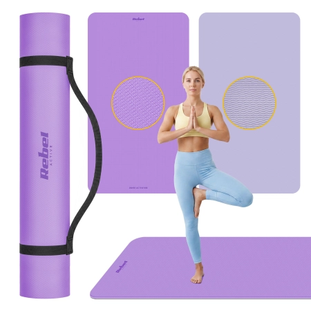 Mata gimnastyczna do ćwiczeń joga, pilates, fitness, 200x115cm, grubość 1cm, materiał TPE, fioletowa, REBEL ACTIVE