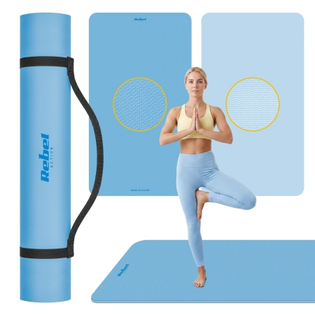 Mata gimnastyczna do ćwiczeń joga, pilates, fitness, 200x115cm, grubość 1cm, materiał TPE, niebieska, REBEL ACTIVE