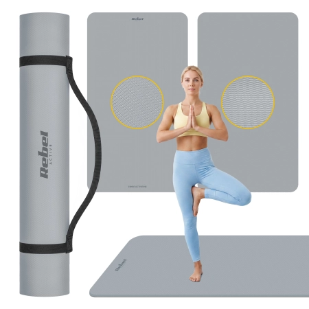 Mata gimnastyczna do ćwiczeń joga, pilates, fitness, 200x115cm, grubość 1cm, materiał TPE, szara, REBEL ACTIVE