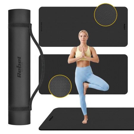 Mata gimnastyczna do ćwiczeń joga, pilates, fitness, 200x90cm, grubość 1cm, materiał TPE, czarna, REBEL ACTIVE