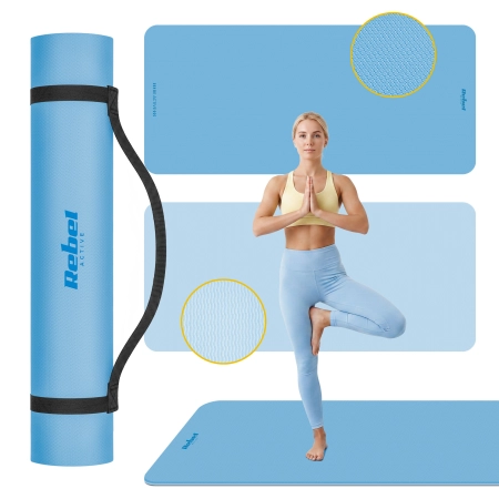 Mata gimnastyczna do ćwiczeń joga, pilates, fitness, 200x90cm, grubość 1cm, materiał TPE, niebieska, REBEL ACTIVE