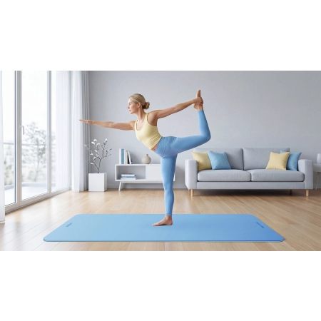 Mata gimnastyczna do ćwiczeń joga, pilates, fitness, 200x90cm, grubość 1cm, materiał TPE, niebieska, REBEL ACTIVE