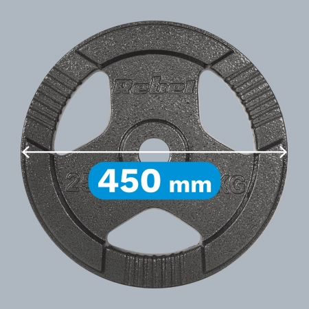 Obciążenie żeliwne olimpijskie 25kg, otwór 51mm, talerz z uchwytami, REBEL ACTIVE