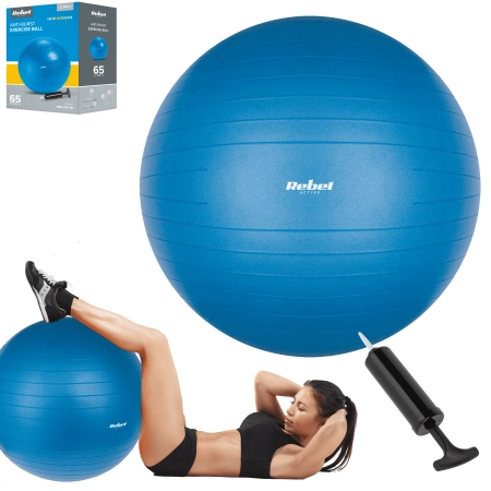 Piłka gimnastyczna rehabilitacyjna 65cm z pompką ręczną, kolor niebieski , REBEL ACTIVE