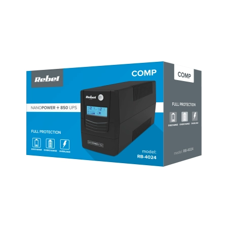 Zasilacz awaryjny komputerowy UPS REBEL model Nanopower Plus 850 ( offline, 850VA / 480W , 230 V , 50Hz , LCD , USB , RJ45 )