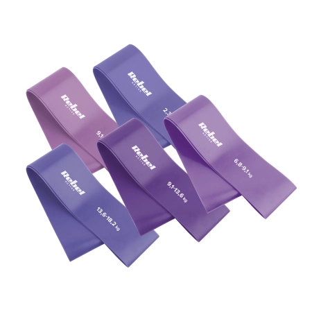 Zestaw gum do ćwiczeń lateksowy - Mini Band L, 2.3-18.2 kg, 5 gum, fioletowy,  REBEL ACTIVE