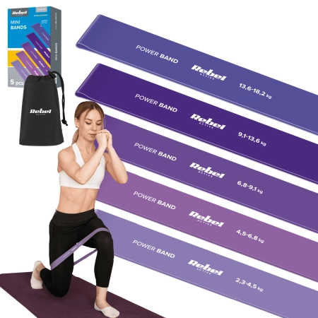 Zestaw gum do ćwiczeń lateksowy - Mini Band L, 2.3-18.2 kg, 5 gum, fioletowy,  REBEL ACTIVE