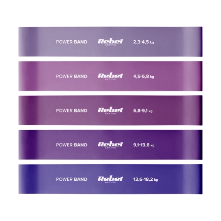 Zestaw gum do ćwiczeń lateksowy - Mini Band L, 2.3-18.2 kg, 5 gum, fioletowy,  REBEL ACTIVE