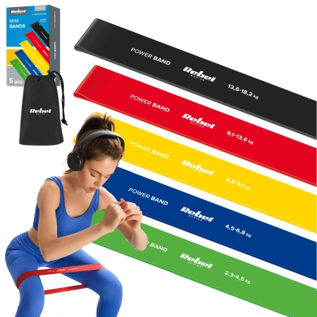 Zestaw gum do ćwiczeń lateksowy - Mini Band L, 2.3-18.2 kg, 5 gum, kolorowy,  REBEL ACTIVE