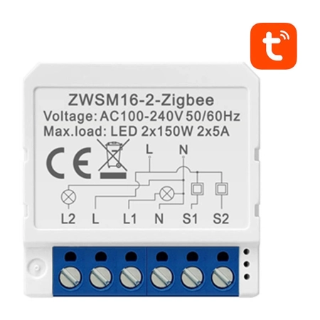 Przekaźnik dopuszkowy Zigbee AVATTO ZWSM16-W2 Tuya 2-kanałowy